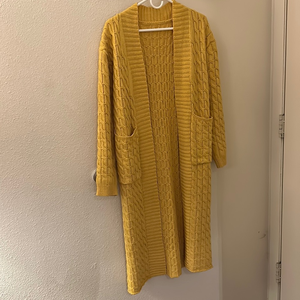 Chunky cheery yellow thick, heavyweight cable knit duster cardigan sweater